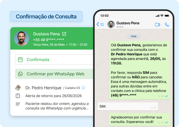 Tela de confirmação de consulta do Simples Dental com o card do paciente Gustavo Pena e a conversa no WhatsApp em que uma mensagem automática confirma o horário com o Dr. Pedro Henrique e o paciente responde SIM, em interface moderna e intuitiva