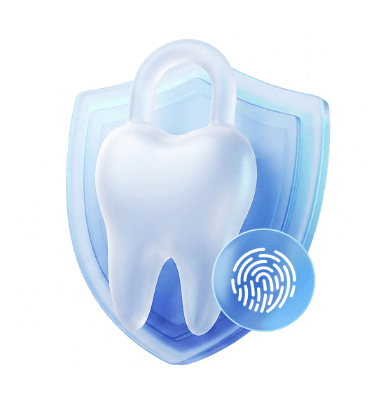 Dente protegido por um escudo com cadeado e leitor de digital, representando as camadas de segurança do Simples Dental