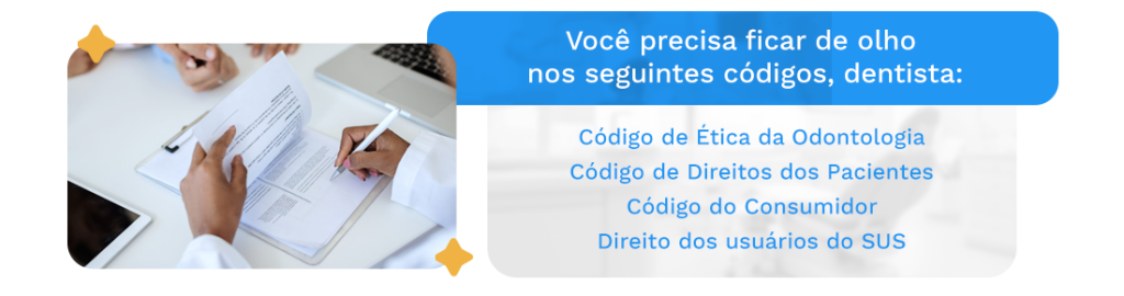Banner educativo sobre códigos legais importantes para dentistas, incluindo o de direito dos pacientes.