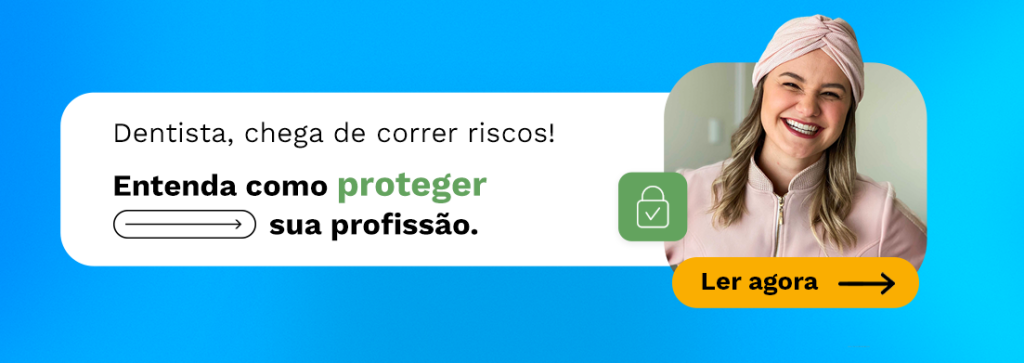 Banner azul e branco com dentista sorridente, incentivando a proteção do direito dos pacientes na odontologia.