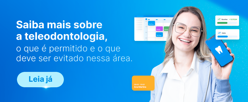 Dentista sorrindo e texto sobre o que é permitido e evitado na teleodontologia, com exemplos visuais.